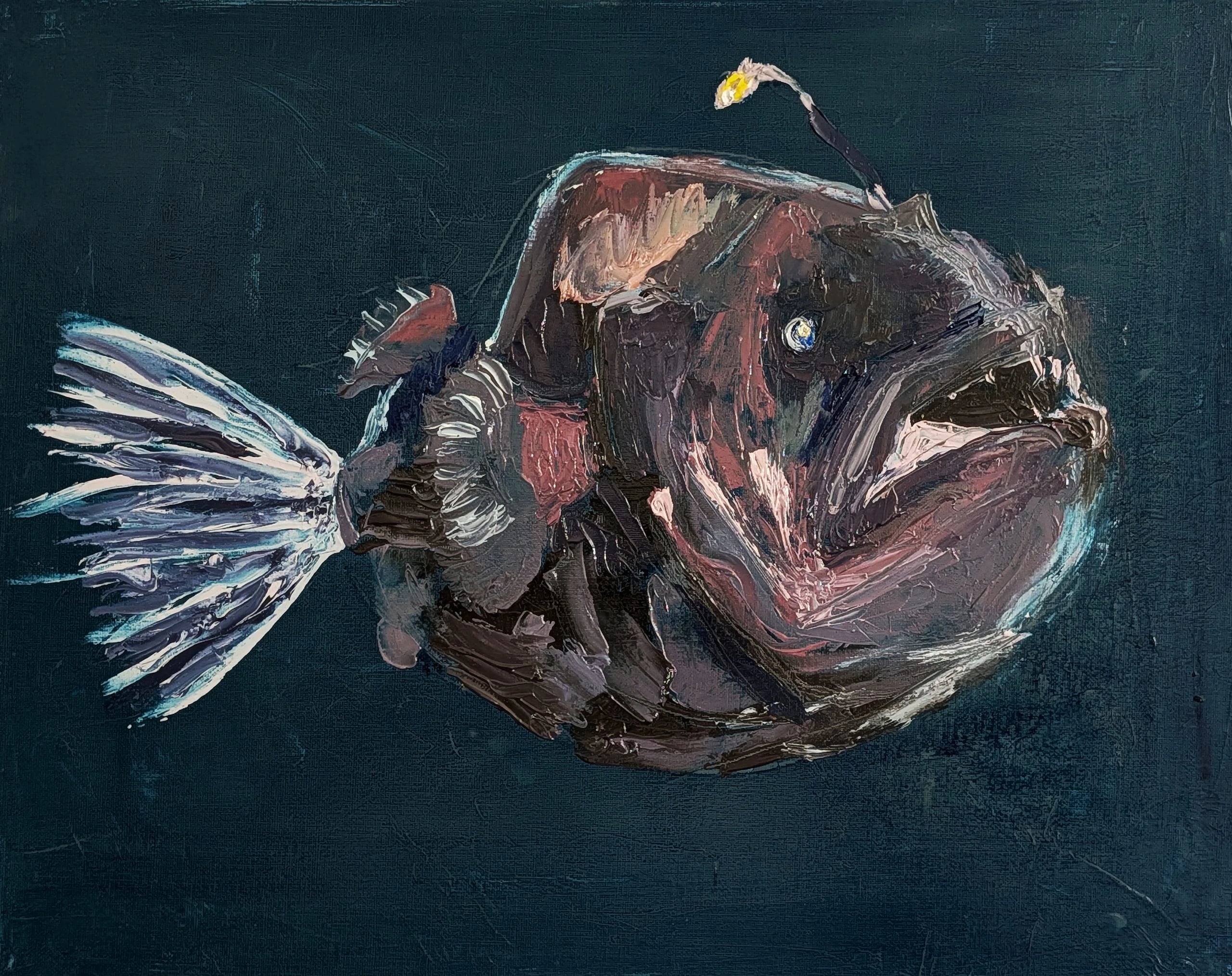 Oil painting of an anglerfish in dusky pinks and browns, its glowing lure held above its open, toothy mouth on dark blue-green.