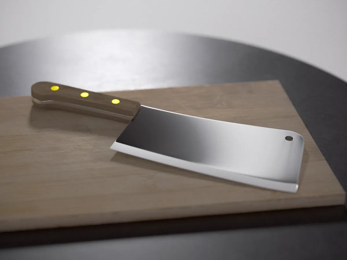 3D render of a meat cleaver with a wooden handle and brass rivets lying on a cutting board.