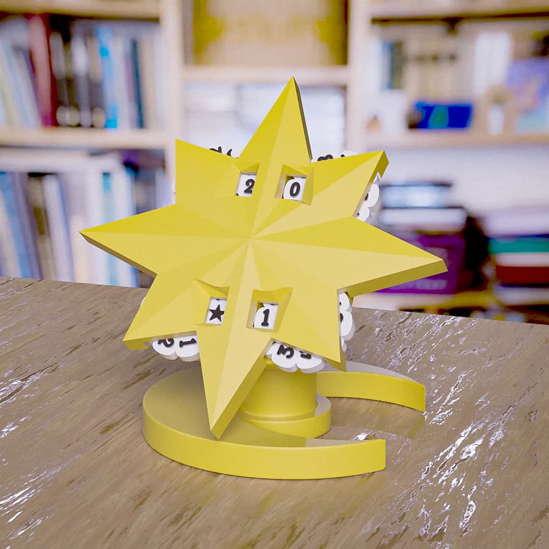 3D render of a yellow star-shaped day counter with rotating number wheels, on a wooden table in front of a bookshelf.