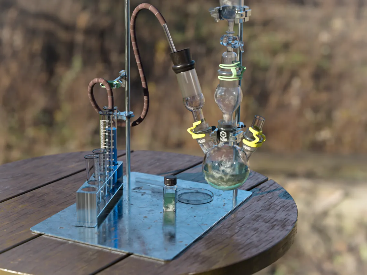 3D render of a backyard chemistry rig: glass flasks, tubing and test tubes clamped to a metal stand on a weathered wooden table outdoors.