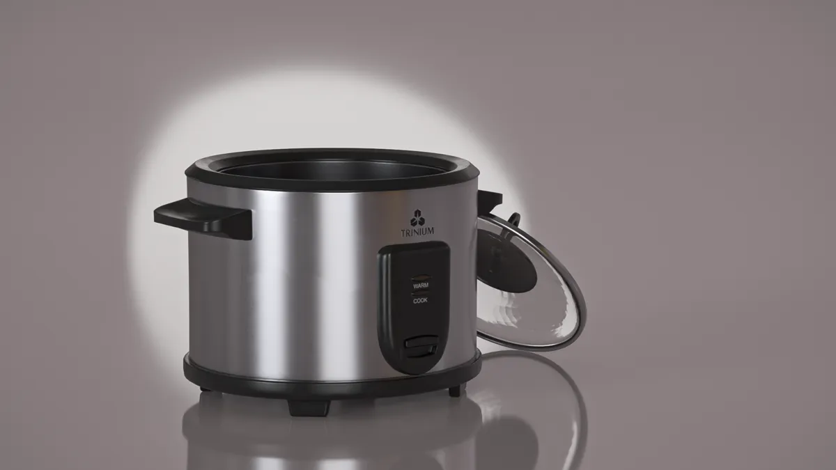 3D render of a stainless steel rice cooker under a soft spotlight on a mauve backdrop.