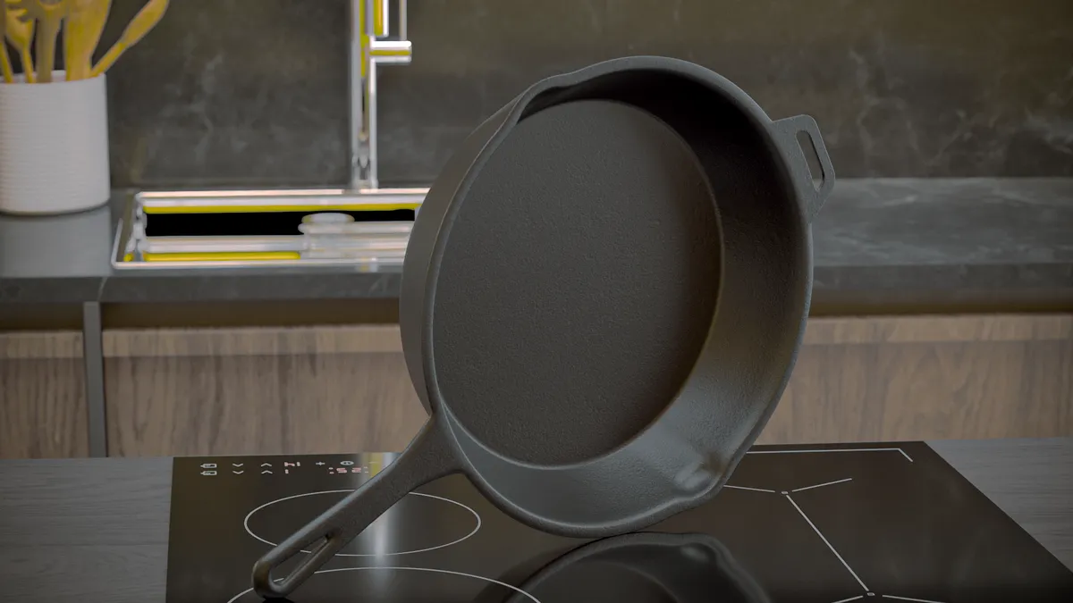 3D render of a cast iron skillet resting on a black induction cooktop in a modern kitchen.