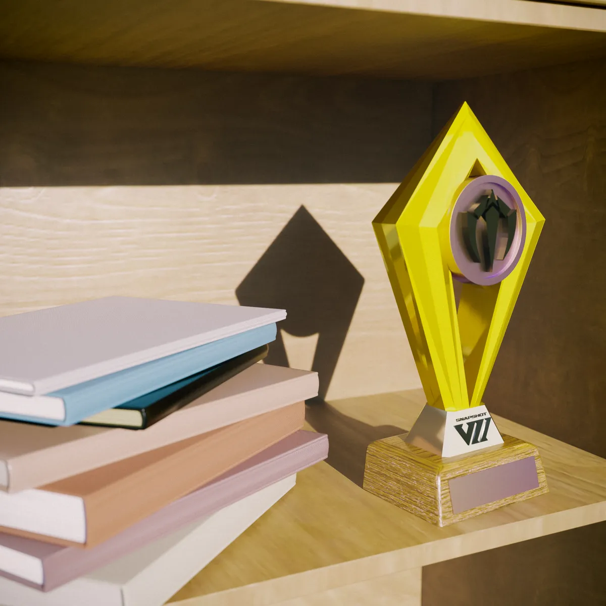 3D render of a yellow diamond-shaped trophy on a wooden shelf beside a stack of pastel books.