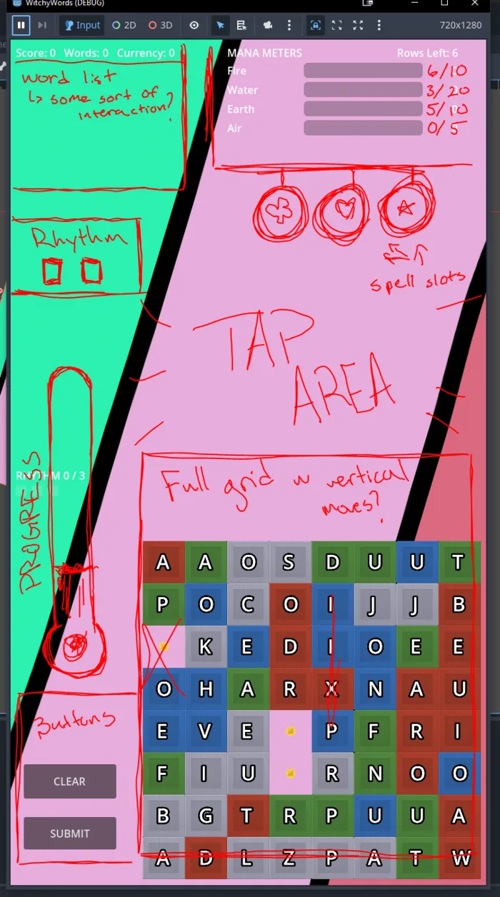 Design sketch over a WitchyWords prototype: a letter grid, mana meters for fire, water, earth and air, spell slots and a tap area, annotated in red marker.