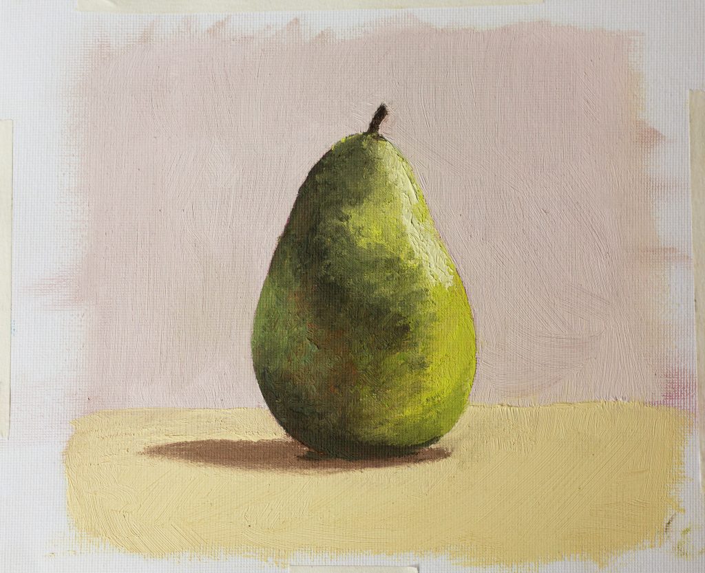 Oil painting of a pear on a pink and yellow background.